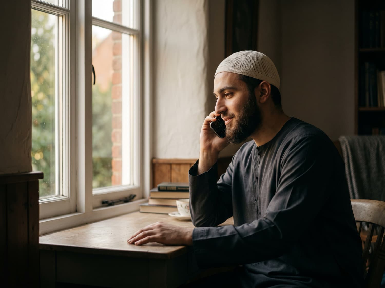 Muslim man talking on the phone
